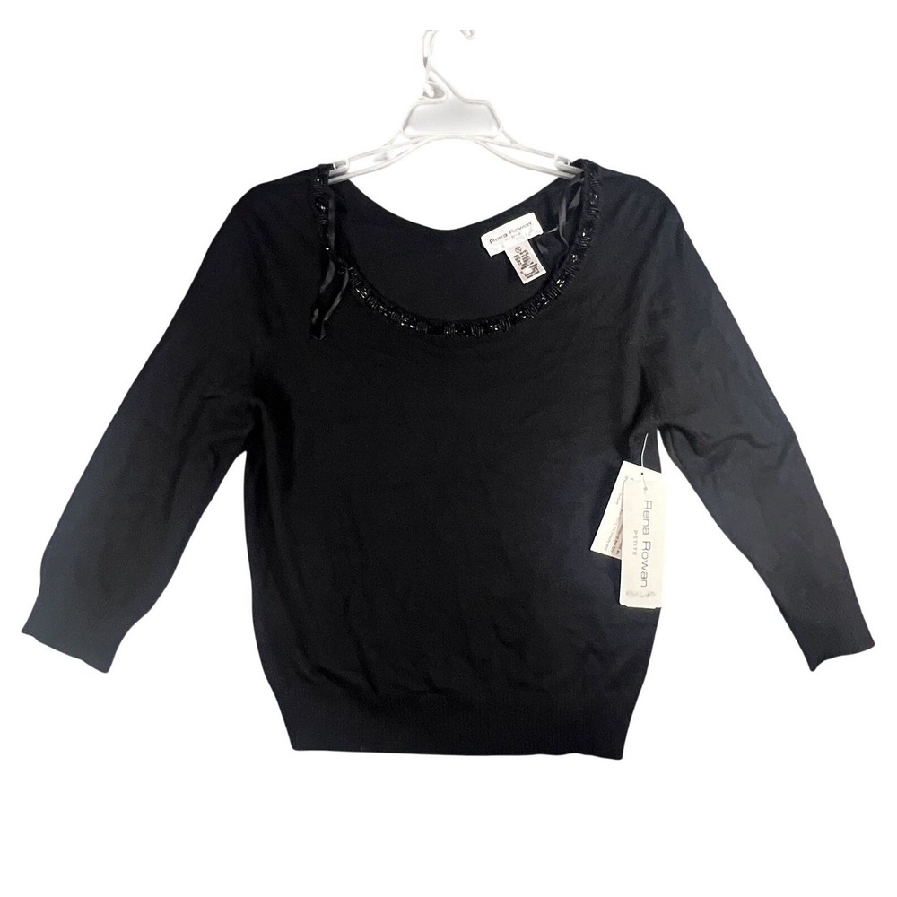 Rena‎ Rowan Petite Women's Black Beaded 3/4 Sleeve Knit Sweater Top Size L NWT